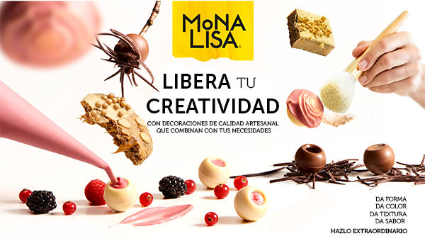 Logo de Mona Lisa con las decoraciones de fondo. Frase: Libera tu creatividad con decoraciones de calidad artesana que combinan con tus necesidades. Da sabor, da textura, da forma, hazlo extraordinario.