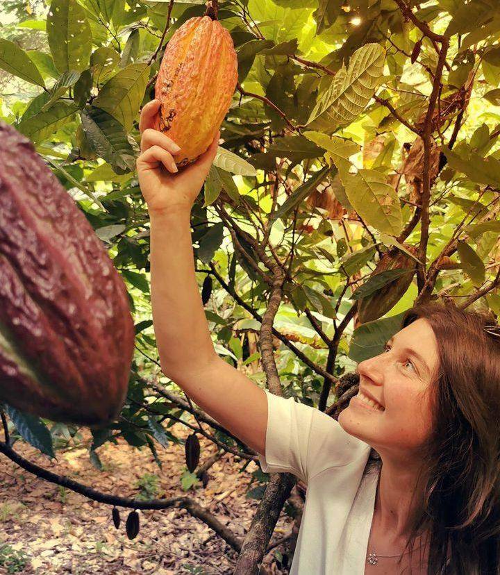 Chef Gabriella Cugno Picks a cocoa bean from the tree