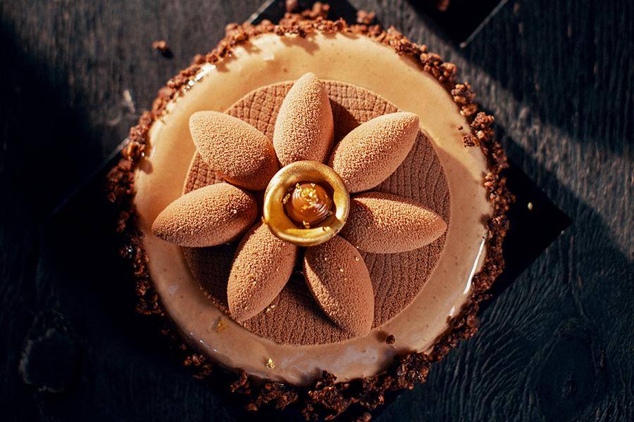 Mango-Basil Chocolate Entremet with lime-basil cremeux and mango from Callebaut chef Jurgen Koens