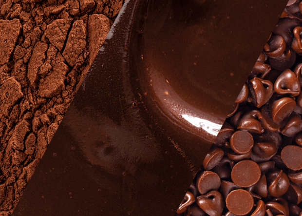 chocolate em pó, chocolate derretido e drops