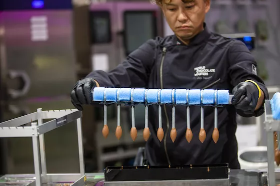 Jiro Tanaka demonstrates an innovative bonbon technique at the World Chocolate Masters Finals