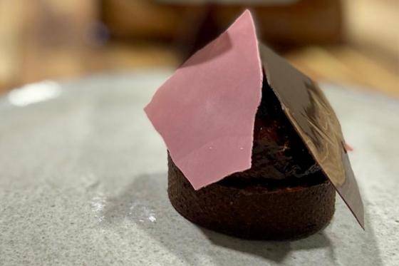 Callebaut chocolate brioche tart by chef Diego Lozano with ruby decoration